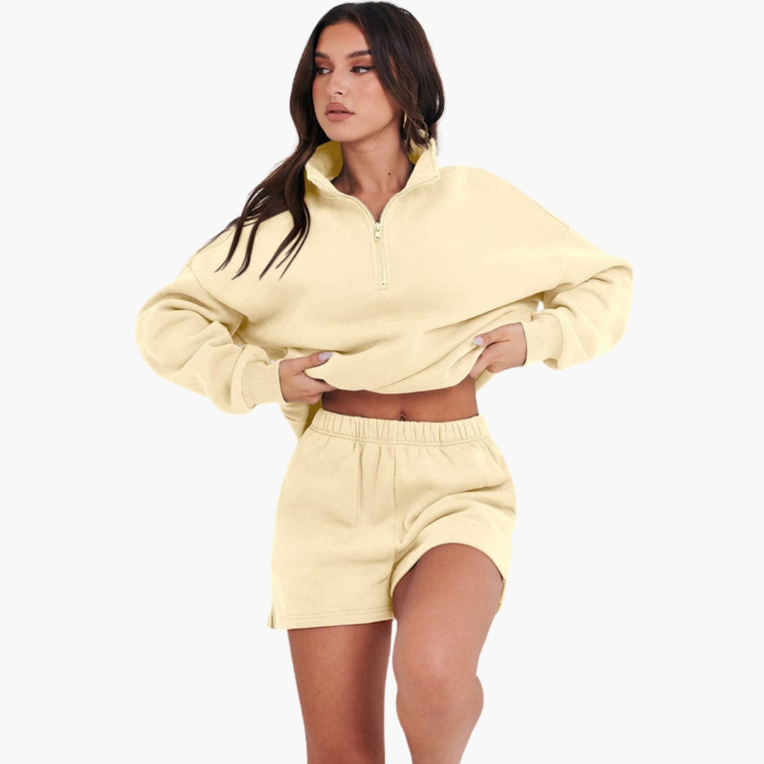 Conjunto de lazer feminino com gola alta e top com fecho éclair