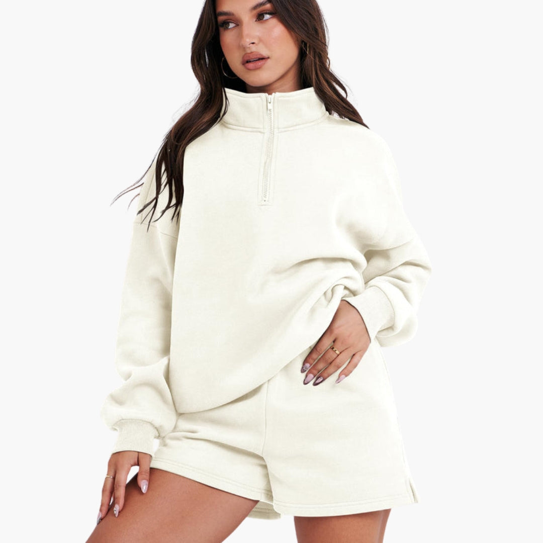 Conjunto de lazer feminino com gola alta e top com fecho éclair