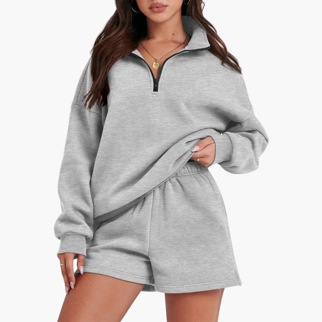 Conjunto de lazer feminino com gola alta e top com fecho éclair