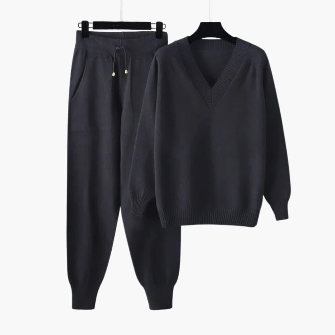 Women's knit lounge set with V-neck top and elastic waist pants