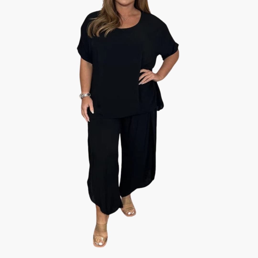 Zweiteiliges Damenensemble mit weitem Oberteil und weitem Hose