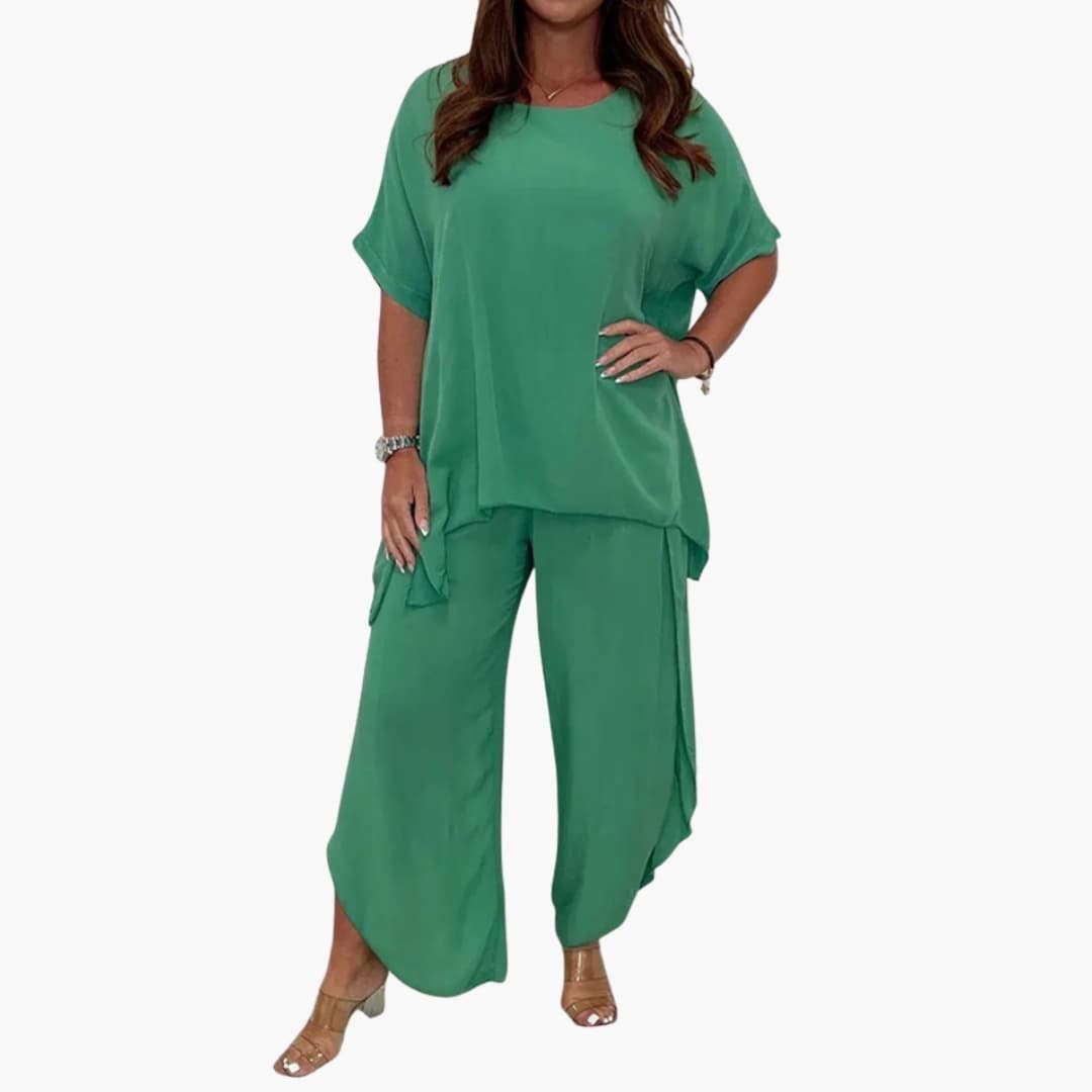 Zweiteiliges Damenensemble mit weitem Oberteil und weitem Hose