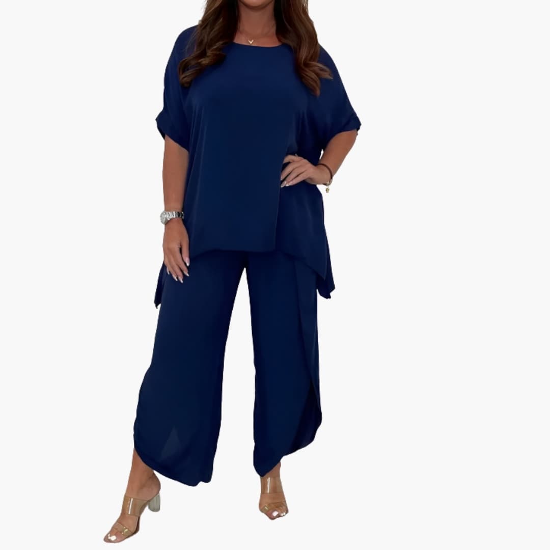 Zweiteiliges Damenensemble mit weitem Oberteil und weitem Hose