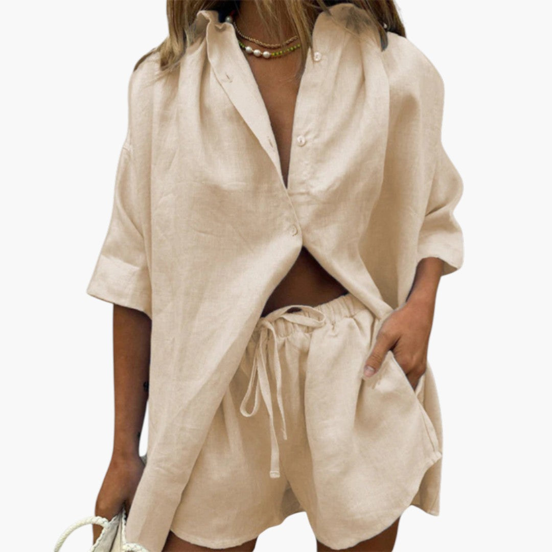 Two-piece women's set with a top featuring a button placket