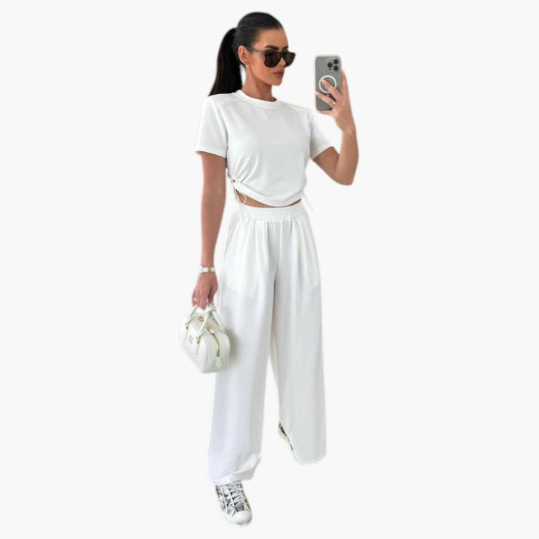 Conjunto de duas peças para mulher com calças de pernas largas