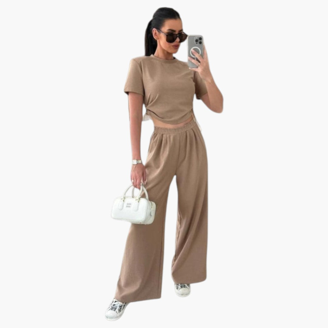 Conjunto de duas peças para mulher com calças de pernas largas