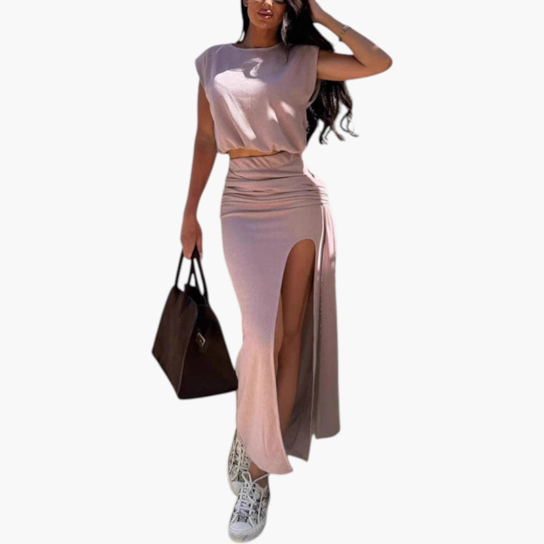 Completo due pezzi donna con top corto e gonna maxi
