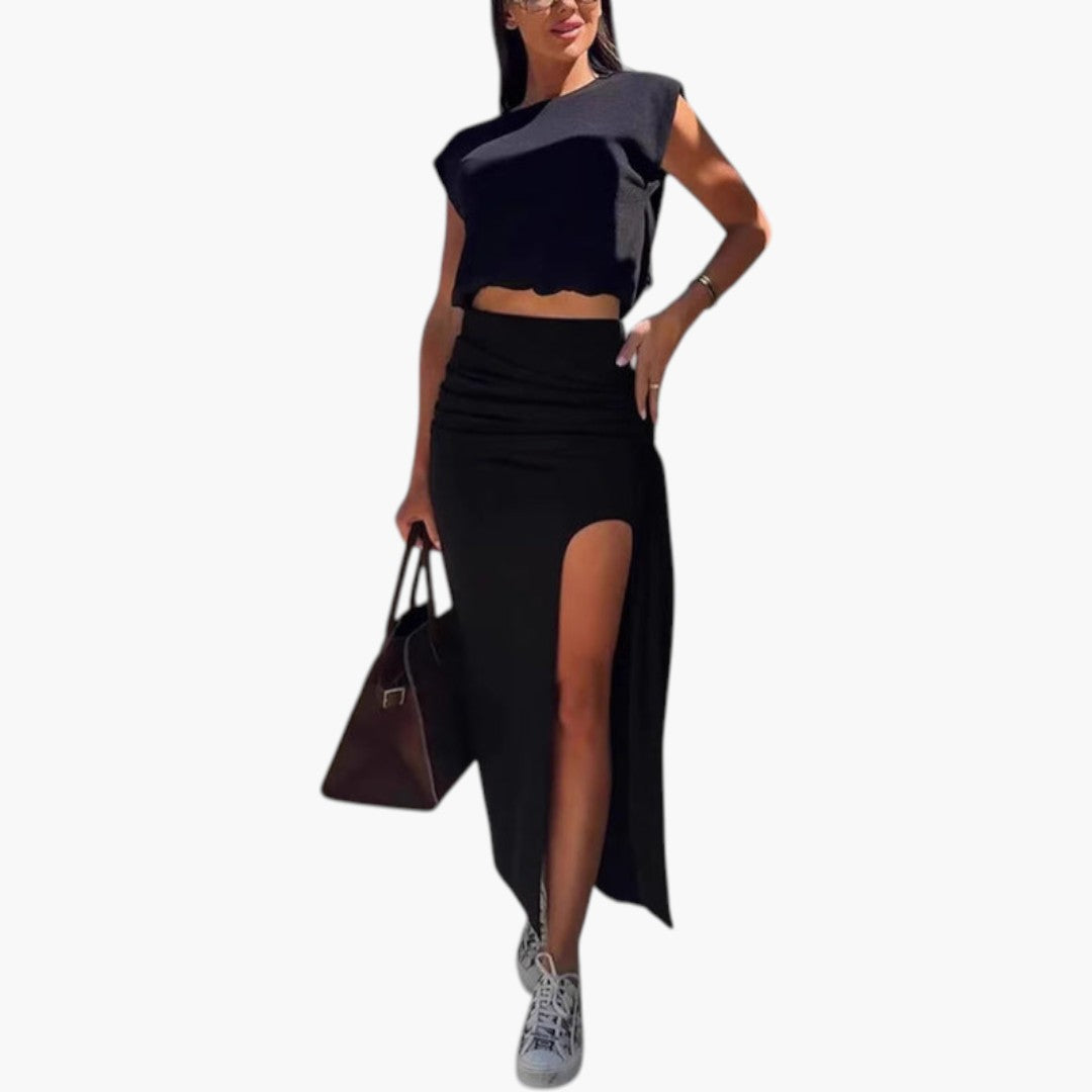 Completo due pezzi donna con top corto e gonna maxi