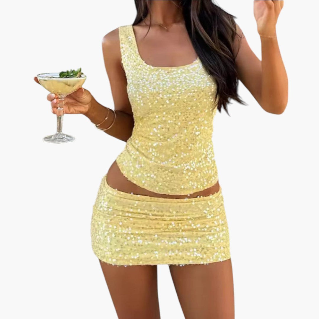 Completo estivo donna con top luccicante e gonna svasata