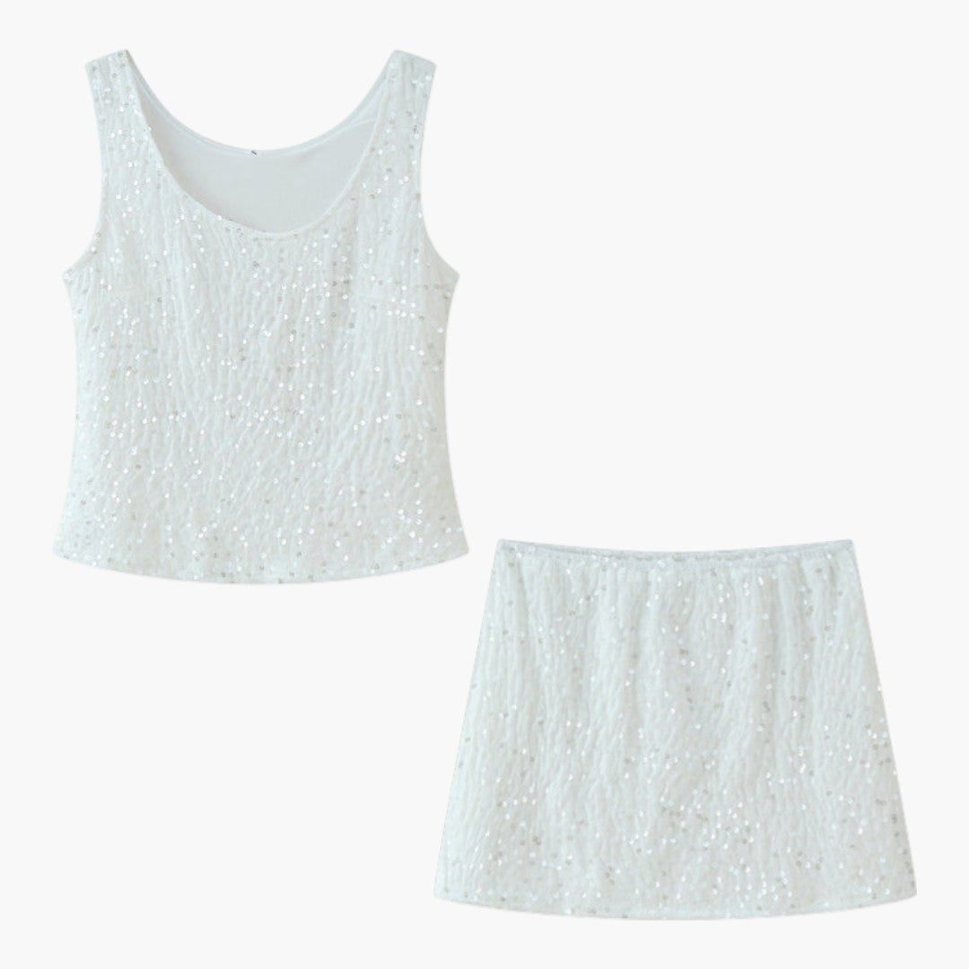 Completo estivo donna con top luccicante e gonna svasata