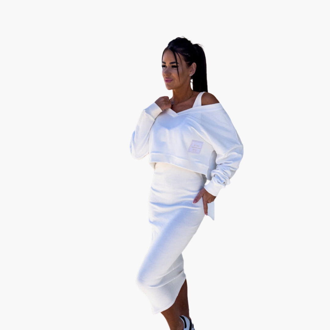 Completo donna due pezzi con maglia a collo a V e gonna