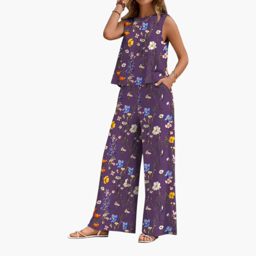 Conjunto feminino com top sem mangas e calças largas