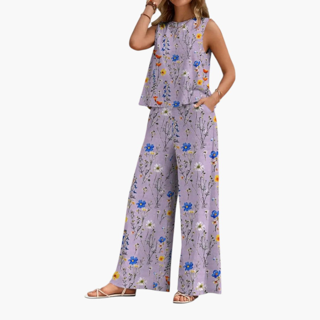 Conjunto feminino com top sem mangas e calças largas