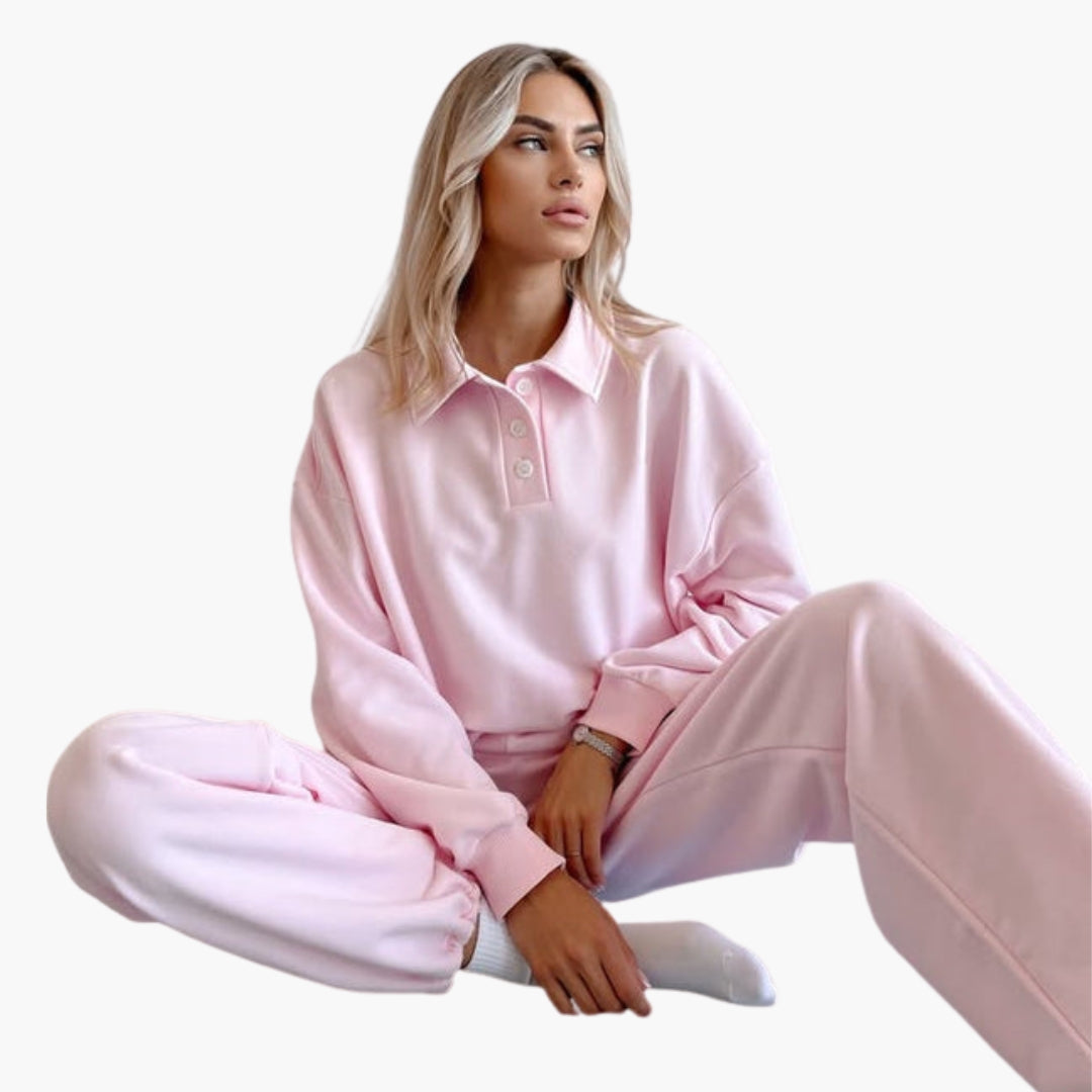 Conjunto polar feminino com gola alta tipo polo e calças largas