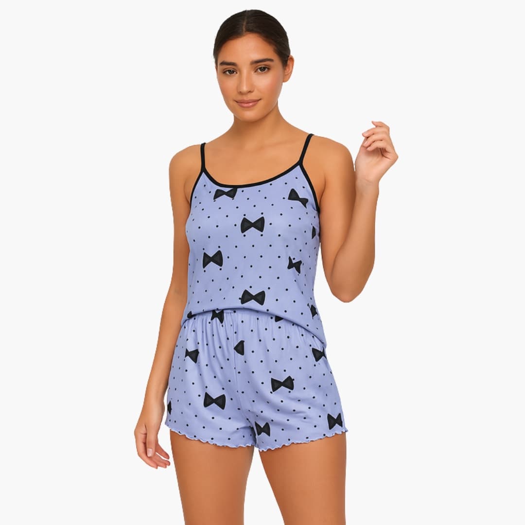 Conjunto de pijama feminino 2 peças com top de alças e calção com estampado animal