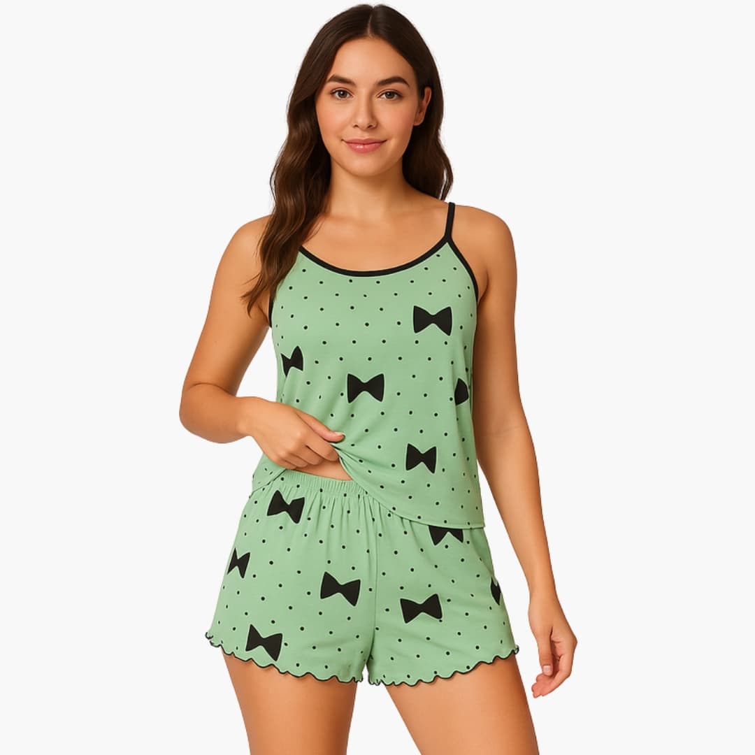 Conjunto de pijama feminino 2 peças com top de alças e calção com estampado animal