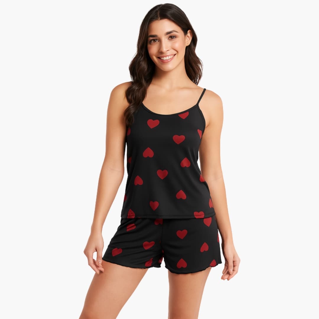Conjunto de pijama feminino 2 peças com top de alças e calção com estampado animal