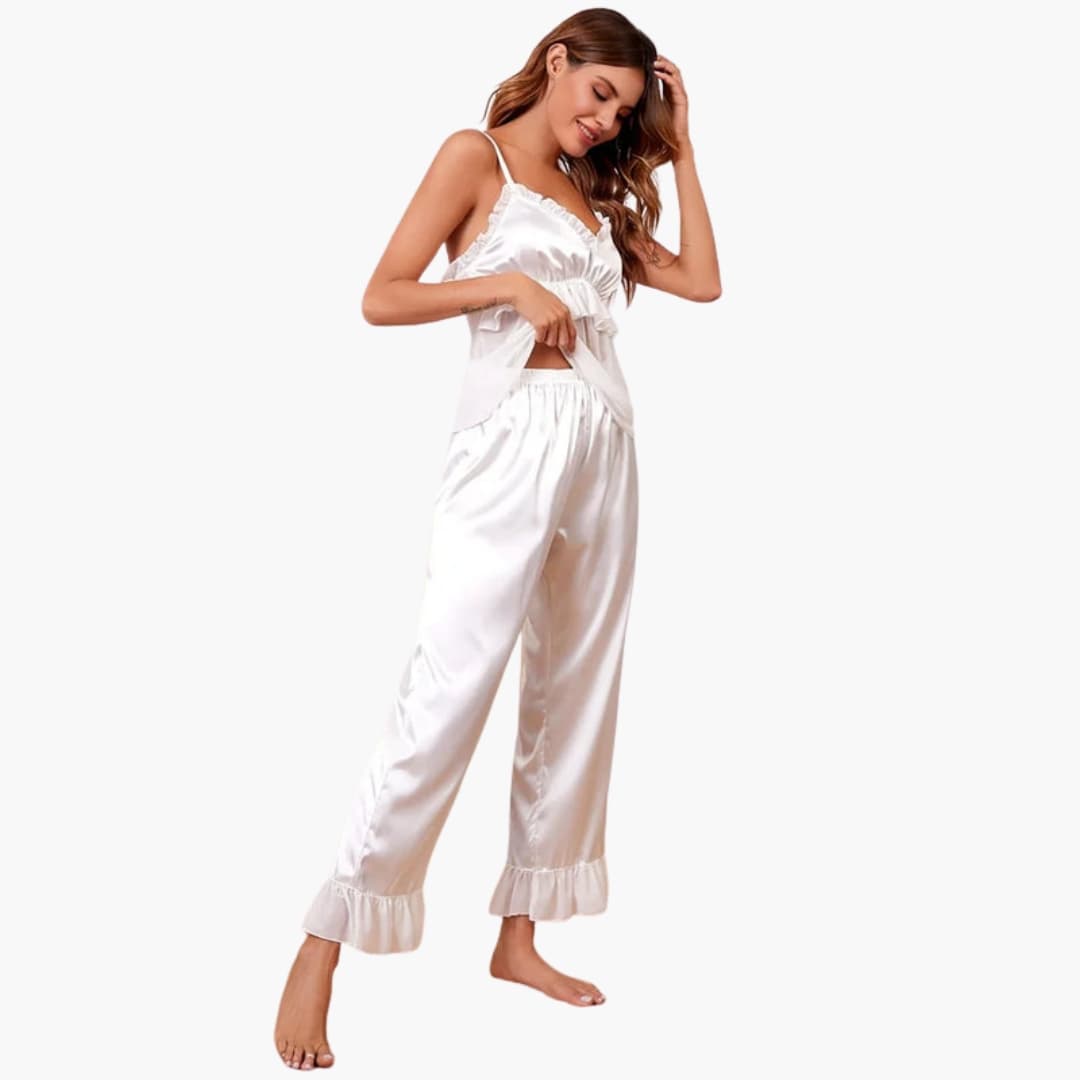 Women's satin ruffle pajama set with camisole and shorts