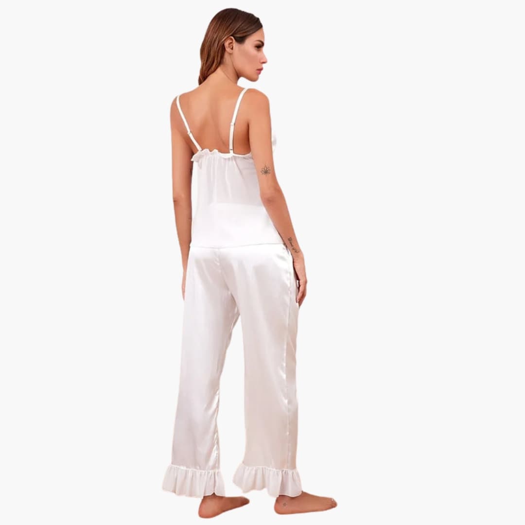 Women's satin ruffle pajama set with camisole and shorts