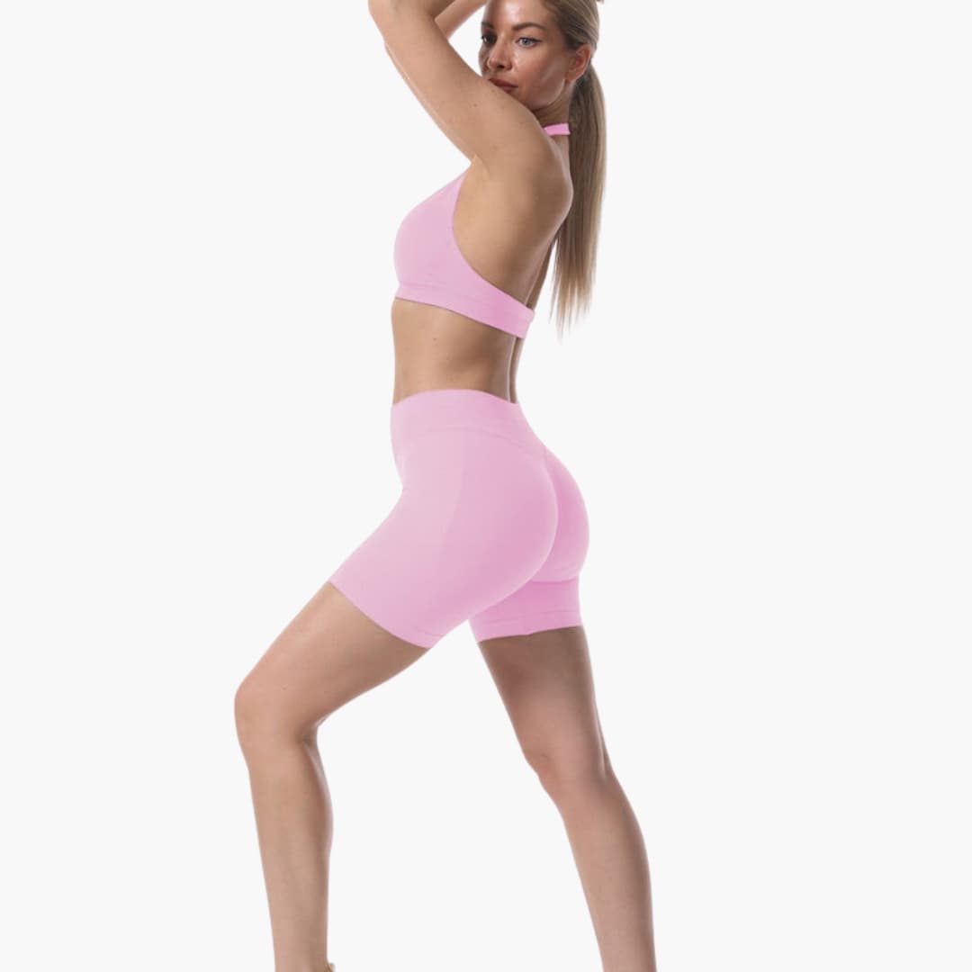 Completo reggiseno sportivo e pantaloncini da donna con schiena a nuotatore e vita elastica