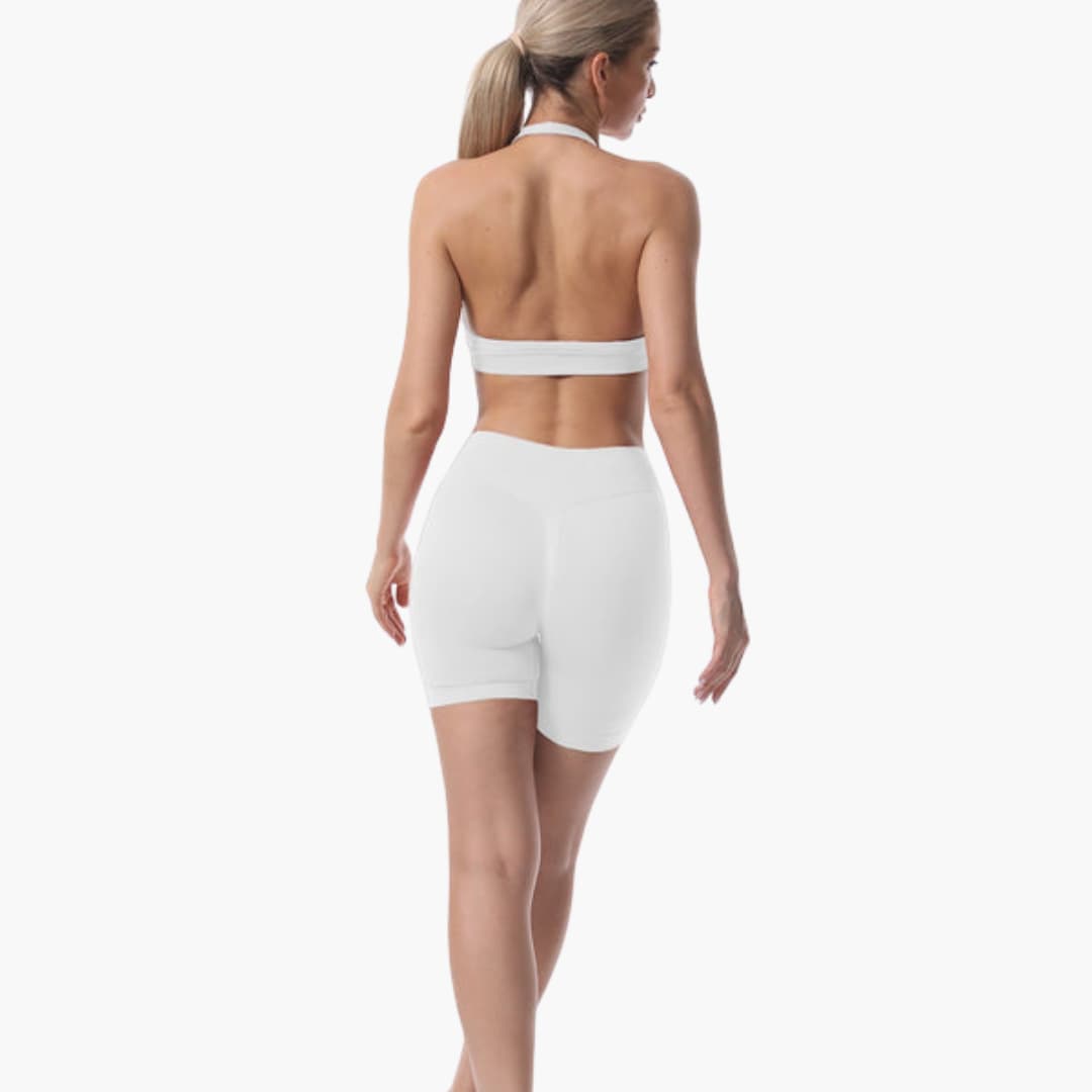 Completo reggiseno sportivo e pantaloncini da donna con schiena a nuotatore e vita elastica