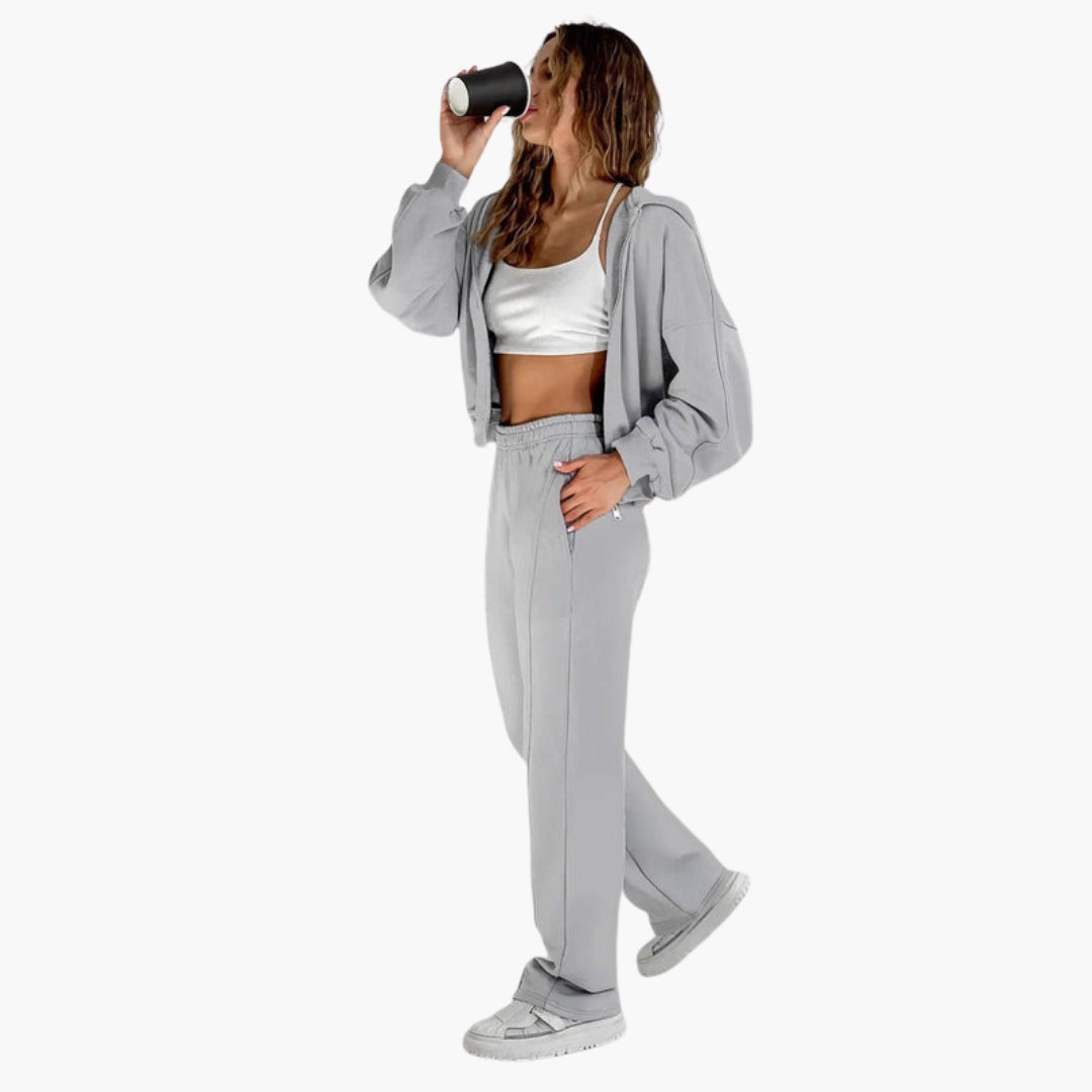 Conjunto de sweatshirt oversize com capuz para mulher com fecho éclair