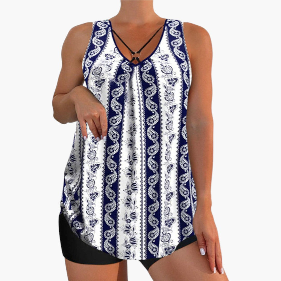 Tankini set voor dames met bedrukt bovenstuk en korte broek onderstuk