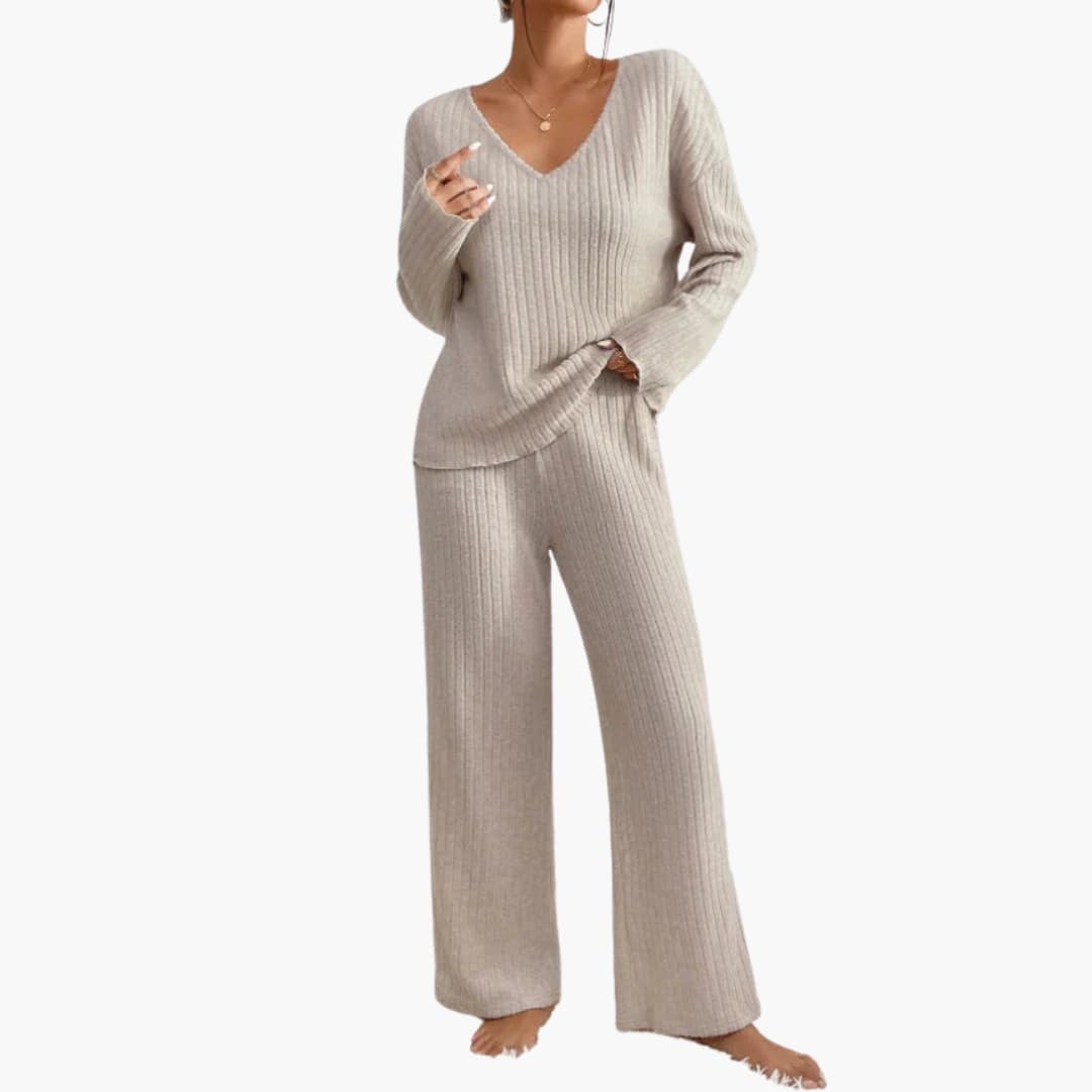 Zweiteiliges geripptes Strickensemble für Damen mit V-Ausschnitt-Oberteil und weitem Bein-Hose