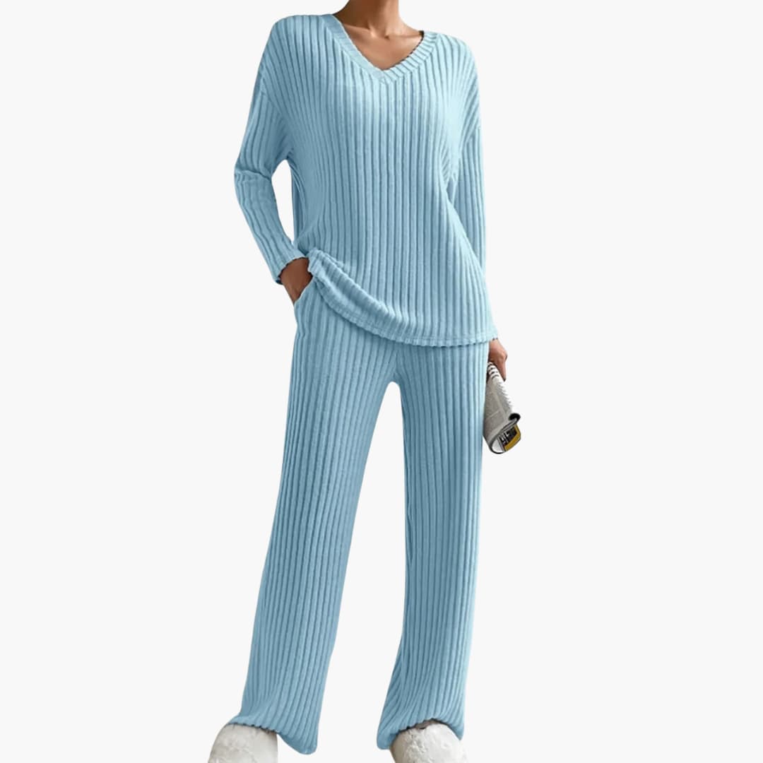 Zweiteiliges geripptes Strickensemble für Damen mit V-Ausschnitt-Oberteil und weitem Bein-Hose