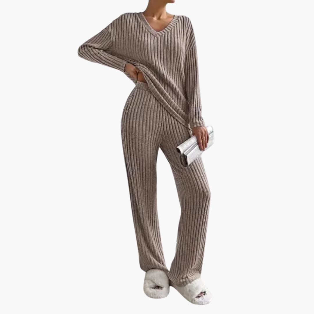 Zweiteiliges geripptes Strickensemble für Damen mit V-Ausschnitt-Oberteil und weitem Bein-Hose