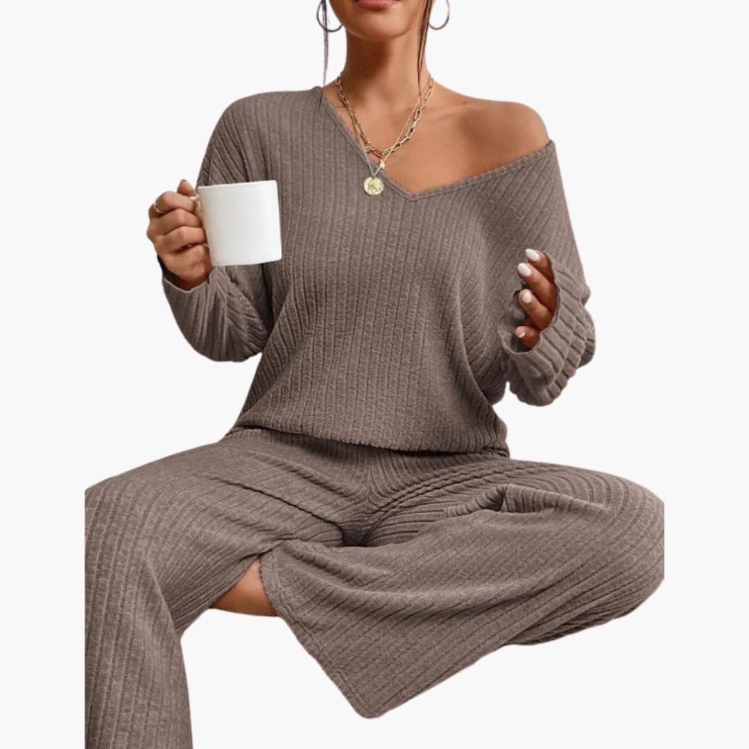 Zweiteiliges geripptes Strickensemble für Damen mit V-Ausschnitt-Oberteil und weitem Bein-Hose