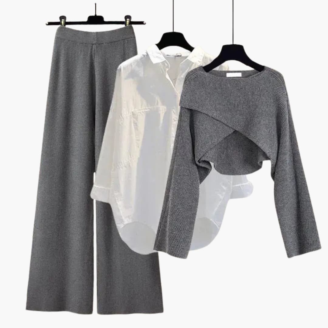 Ensemble trois pièces femme avec blouse et pantalon ample