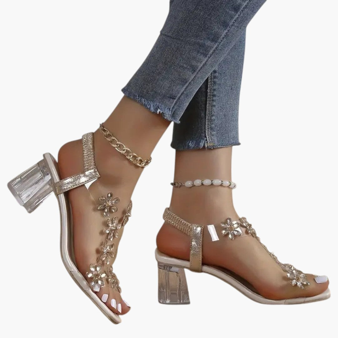 Femmes Sandales avec talon bloc et ornements strass