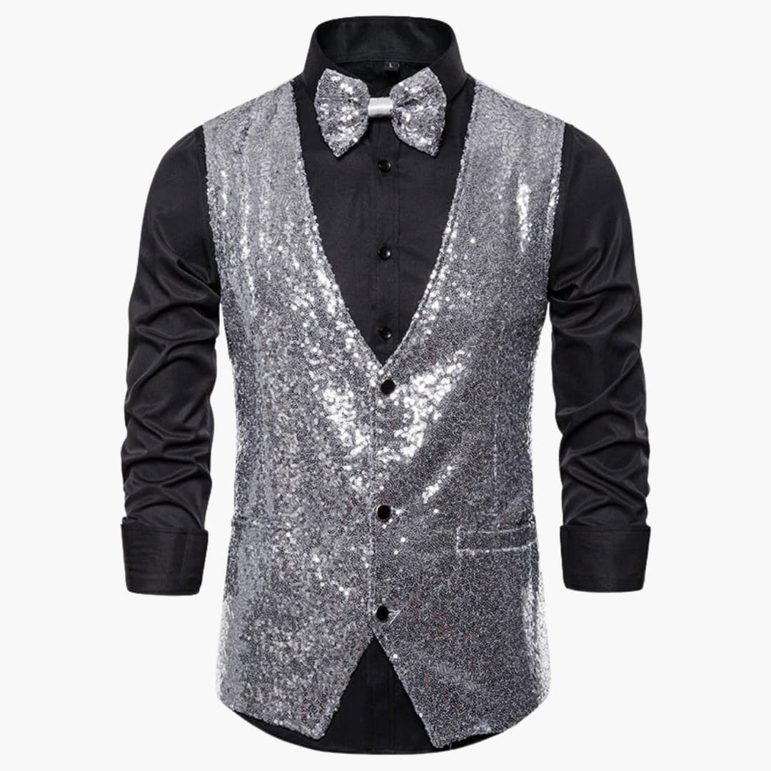 Gilet pailleté pour homme avec nœud papillon assorti – Tenue festive