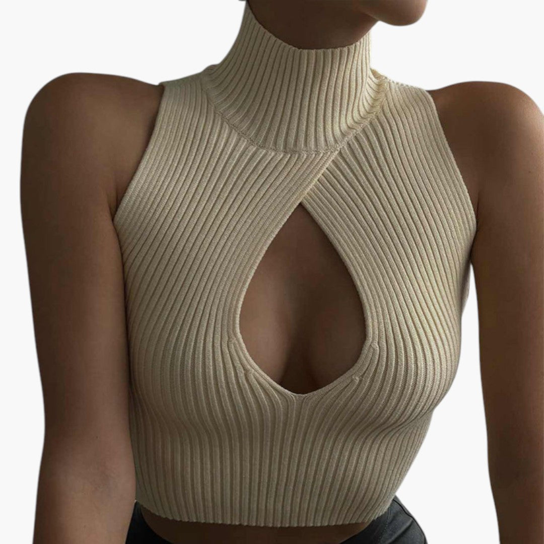 Top corto donna con collo alto e taglio frontale