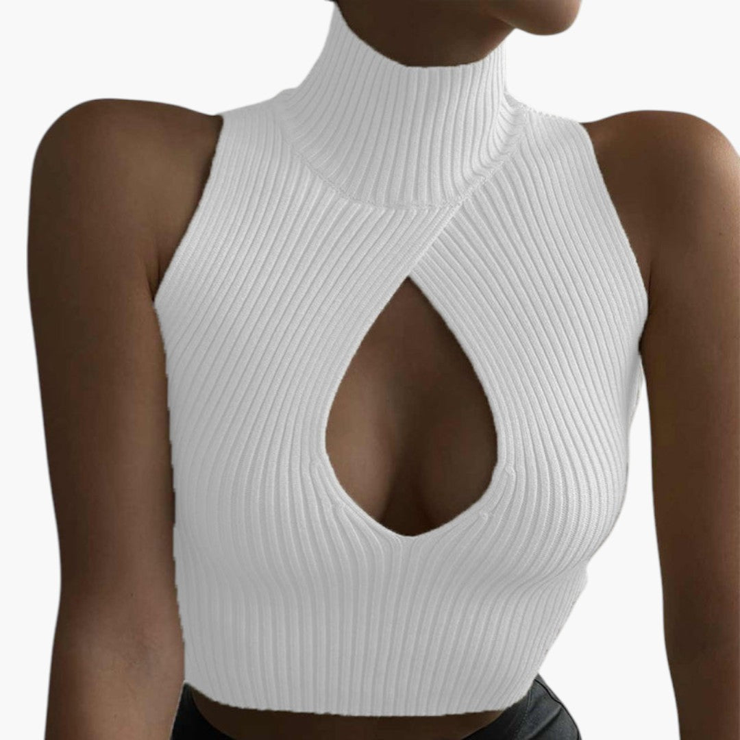 Top corto donna con collo alto e taglio frontale
