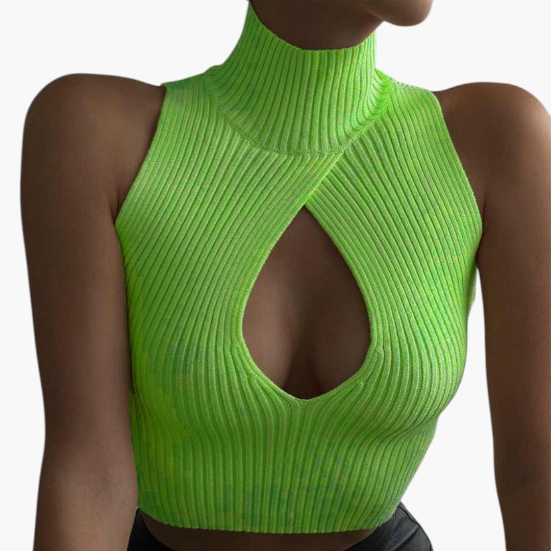 Top corto donna con collo alto e taglio frontale