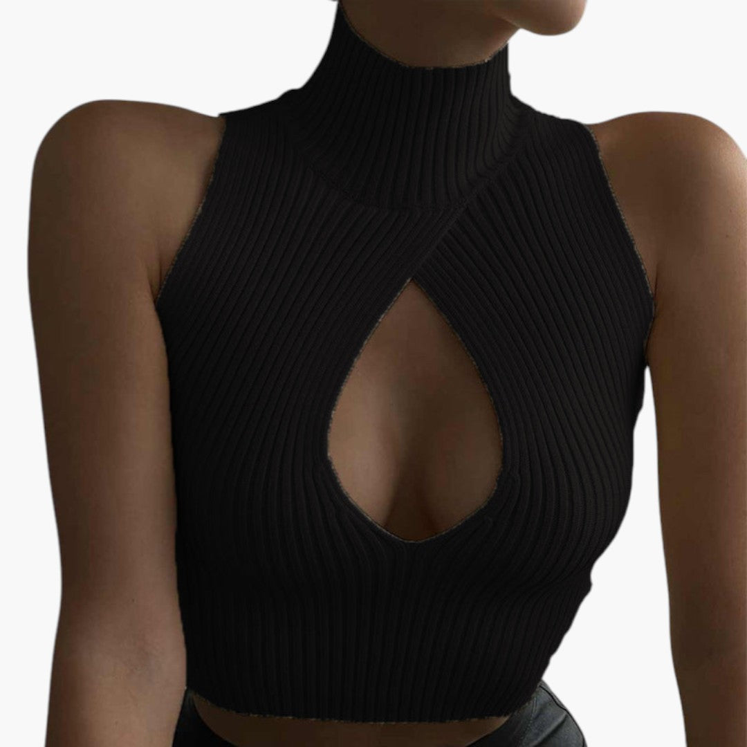 Top corto donna con collo alto e taglio frontale