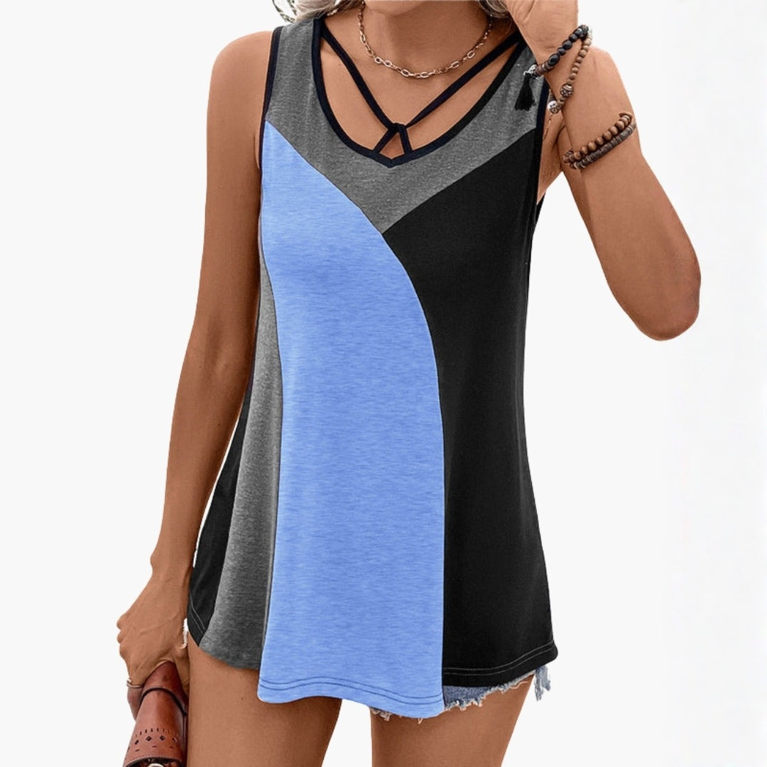 Top donna senza maniche con scollo a V e dettaglio a fascia