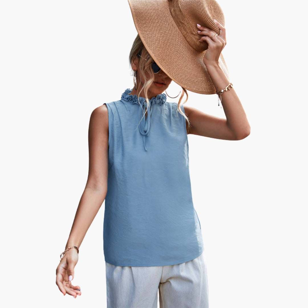 Top donna senza maniche con collo a volant