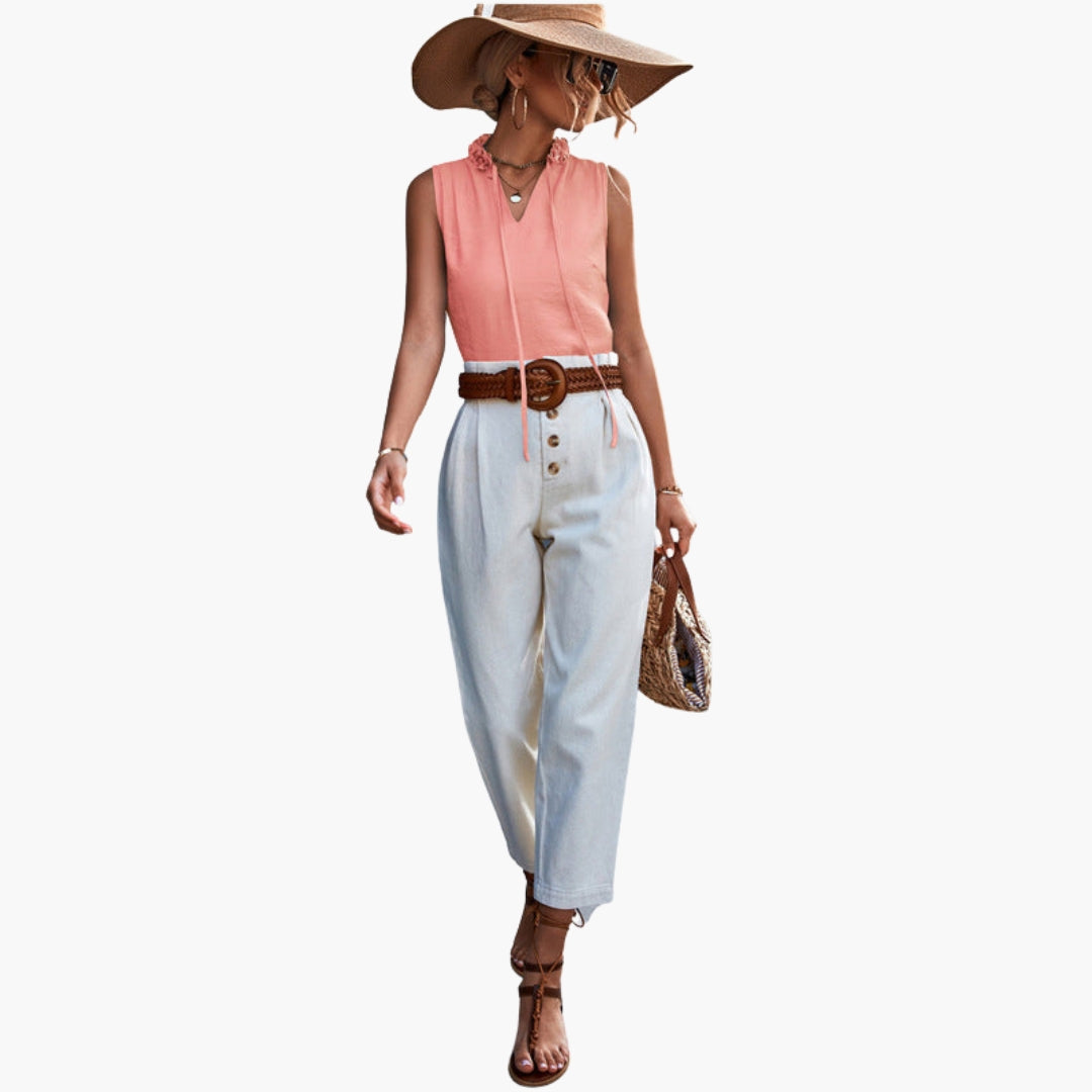 Top donna senza maniche con collo a volant