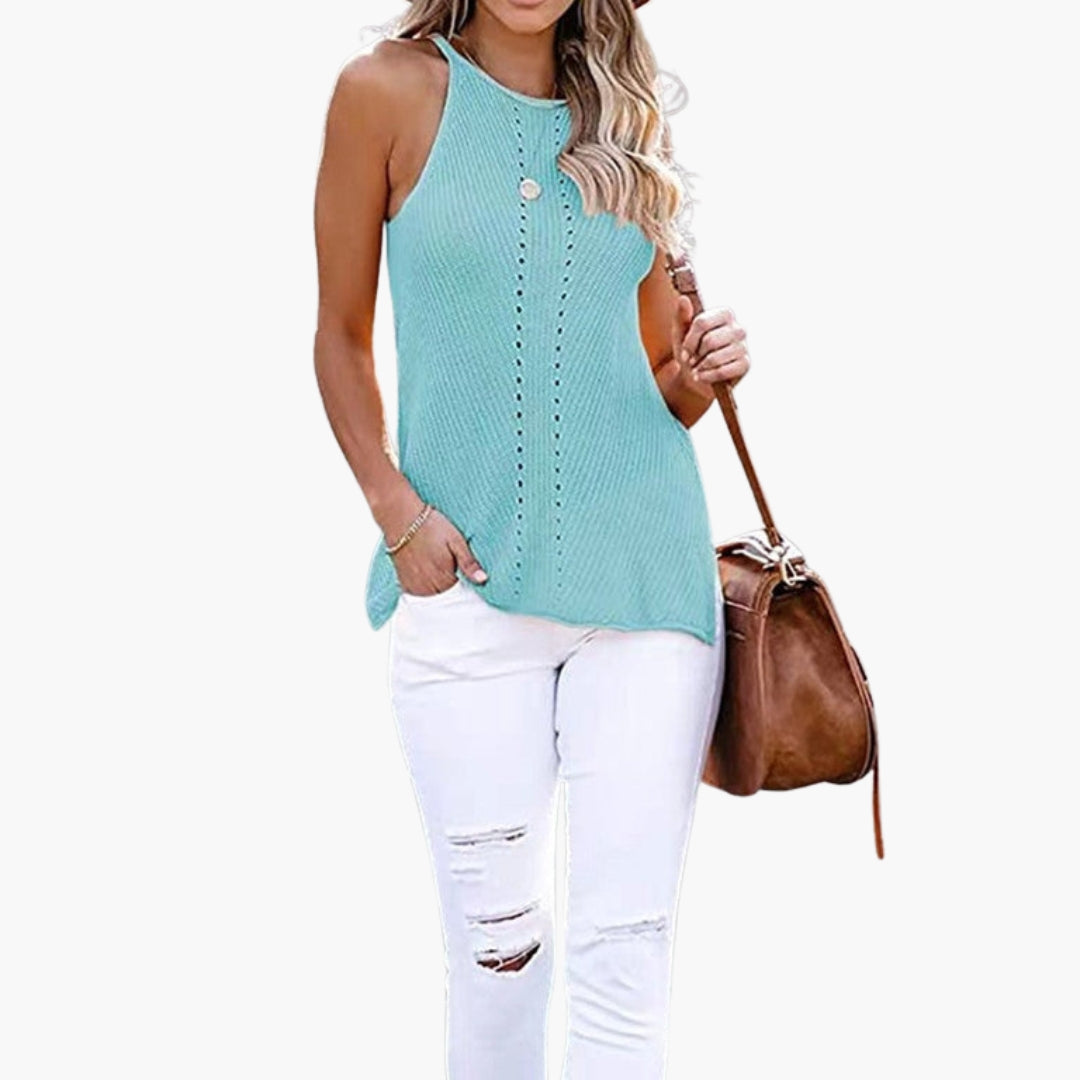Top donna senza maniche in maglia con scollo rotondo