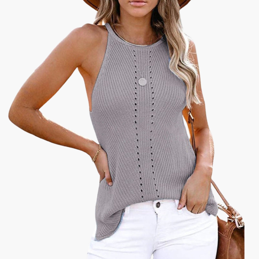 Top donna senza maniche in maglia con scollo rotondo