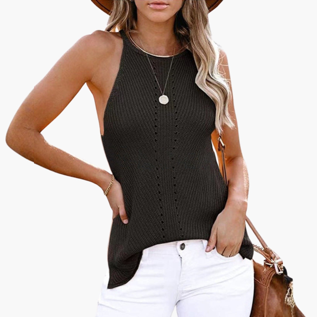 Top donna senza maniche in maglia con scollo rotondo