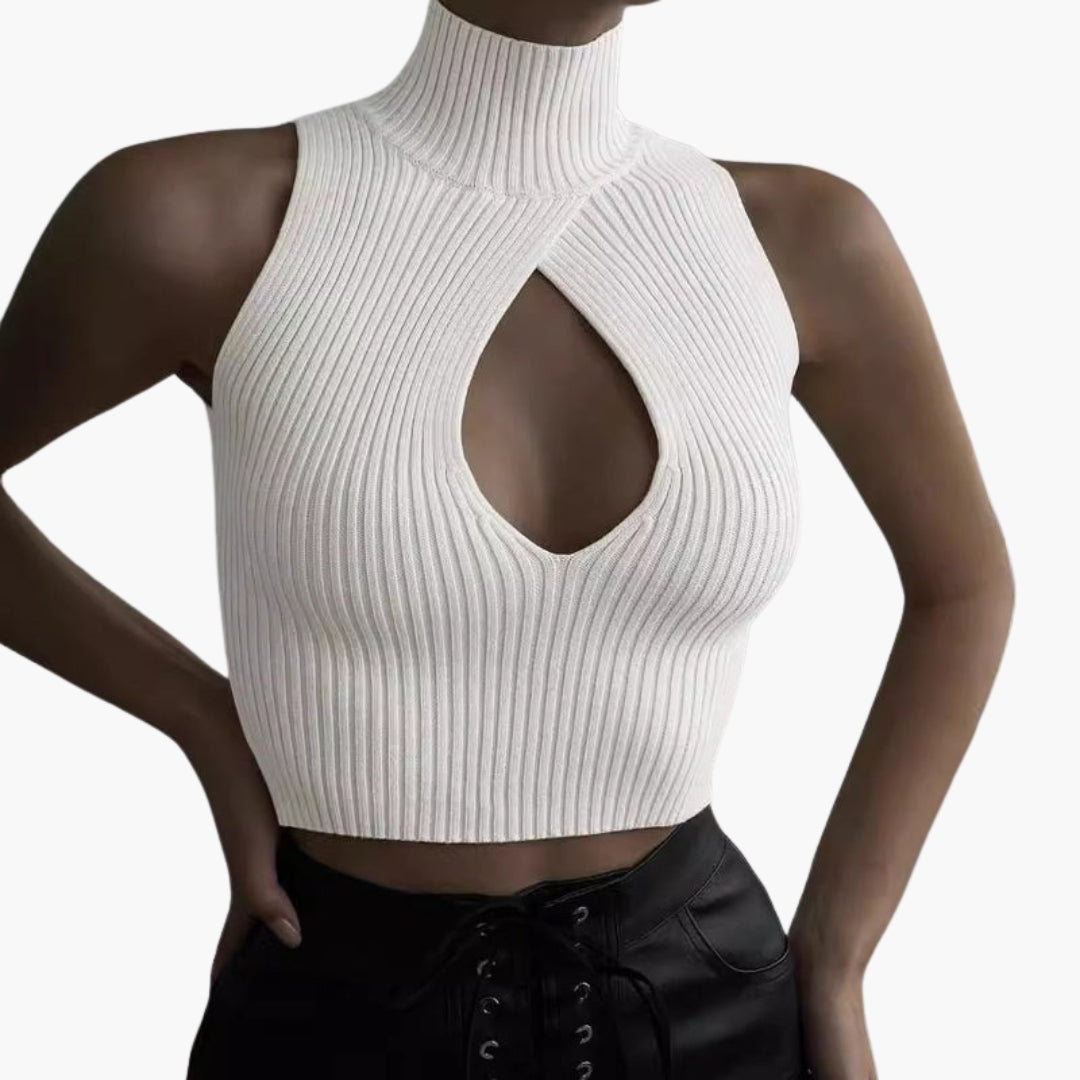 Top corto donna con collo alto e taglio frontale