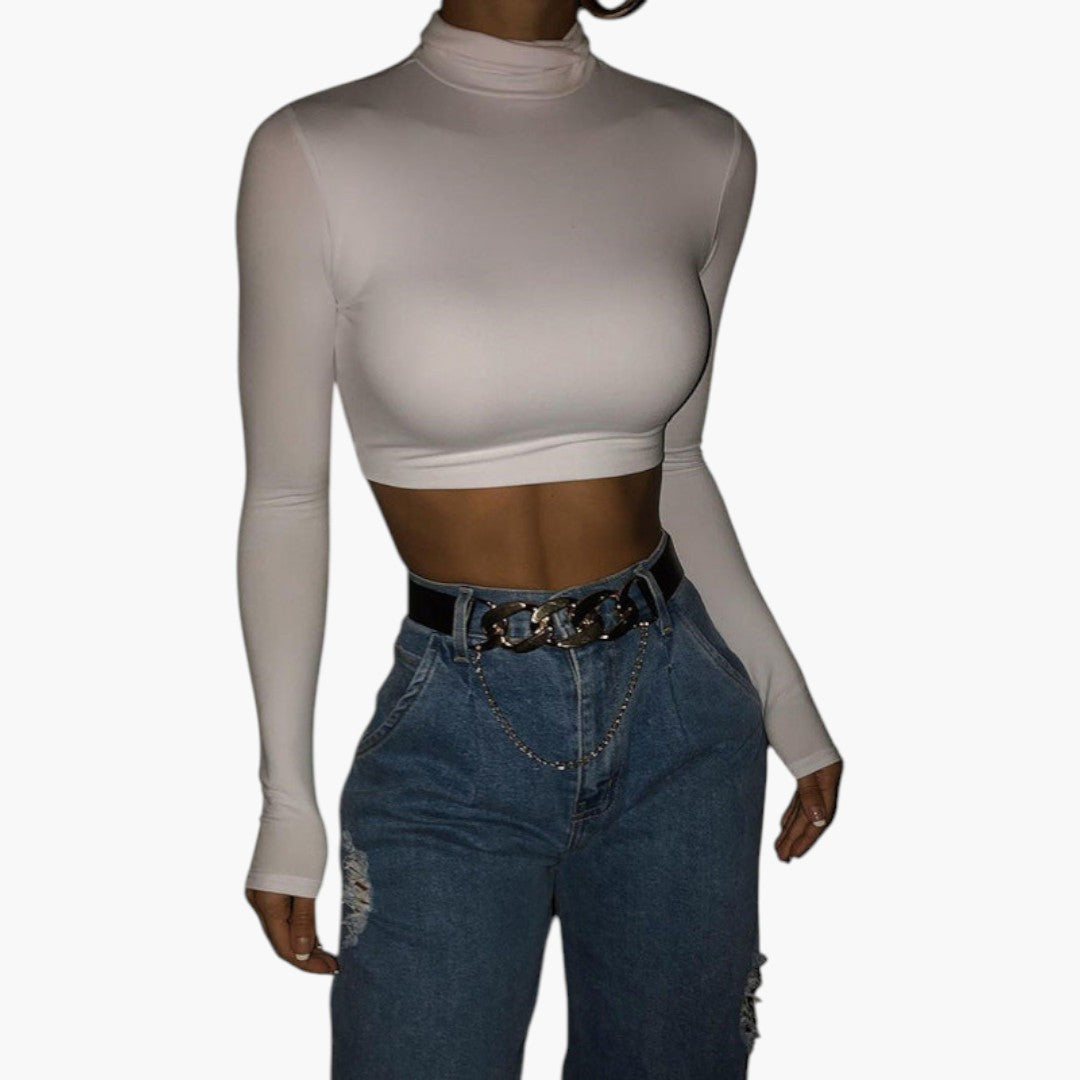 Top curto para mulher com gola alta e mangas compridas