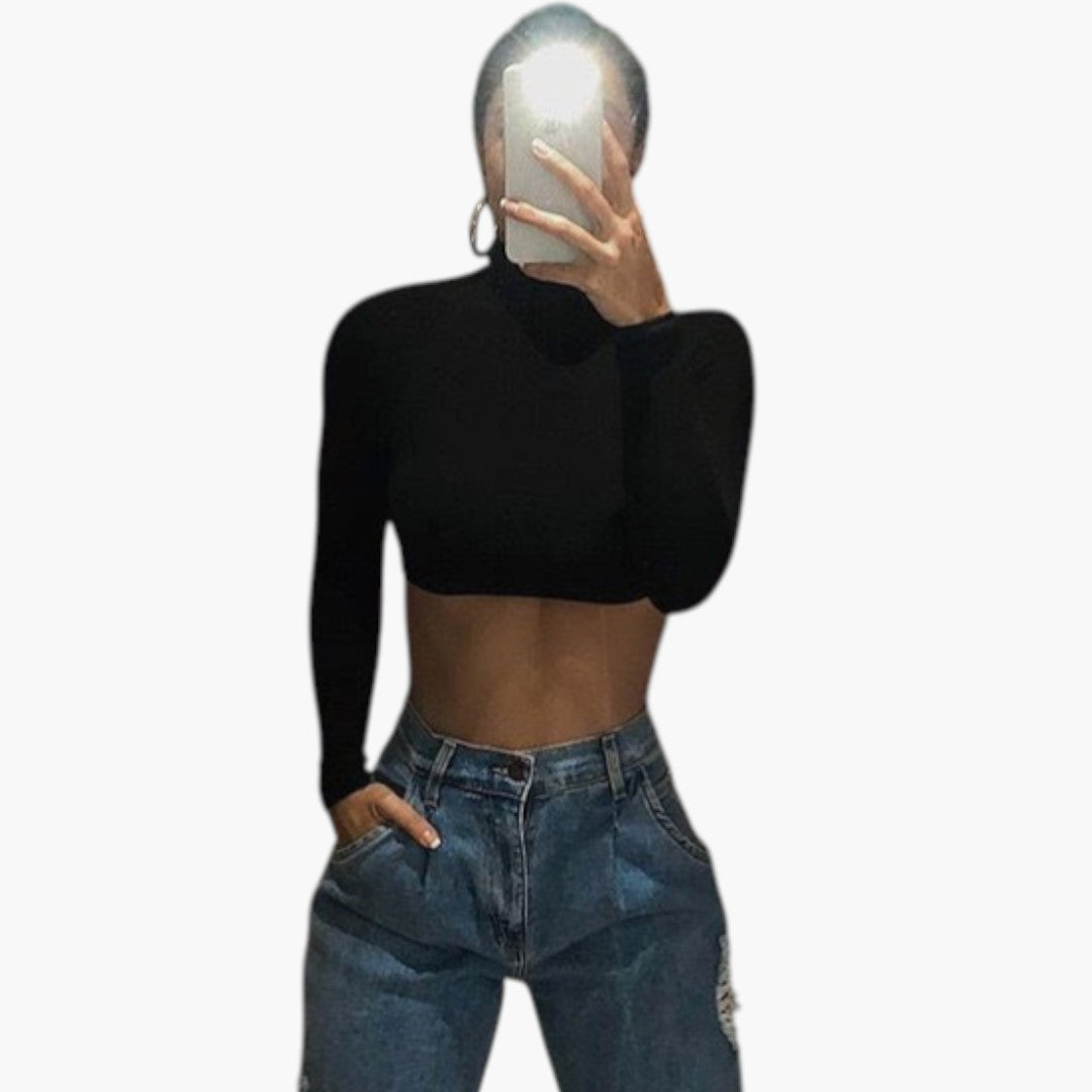 Top curto para mulher com gola alta e mangas compridas