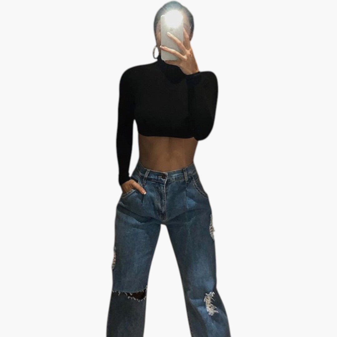 Top curto para mulher com gola alta e mangas compridas