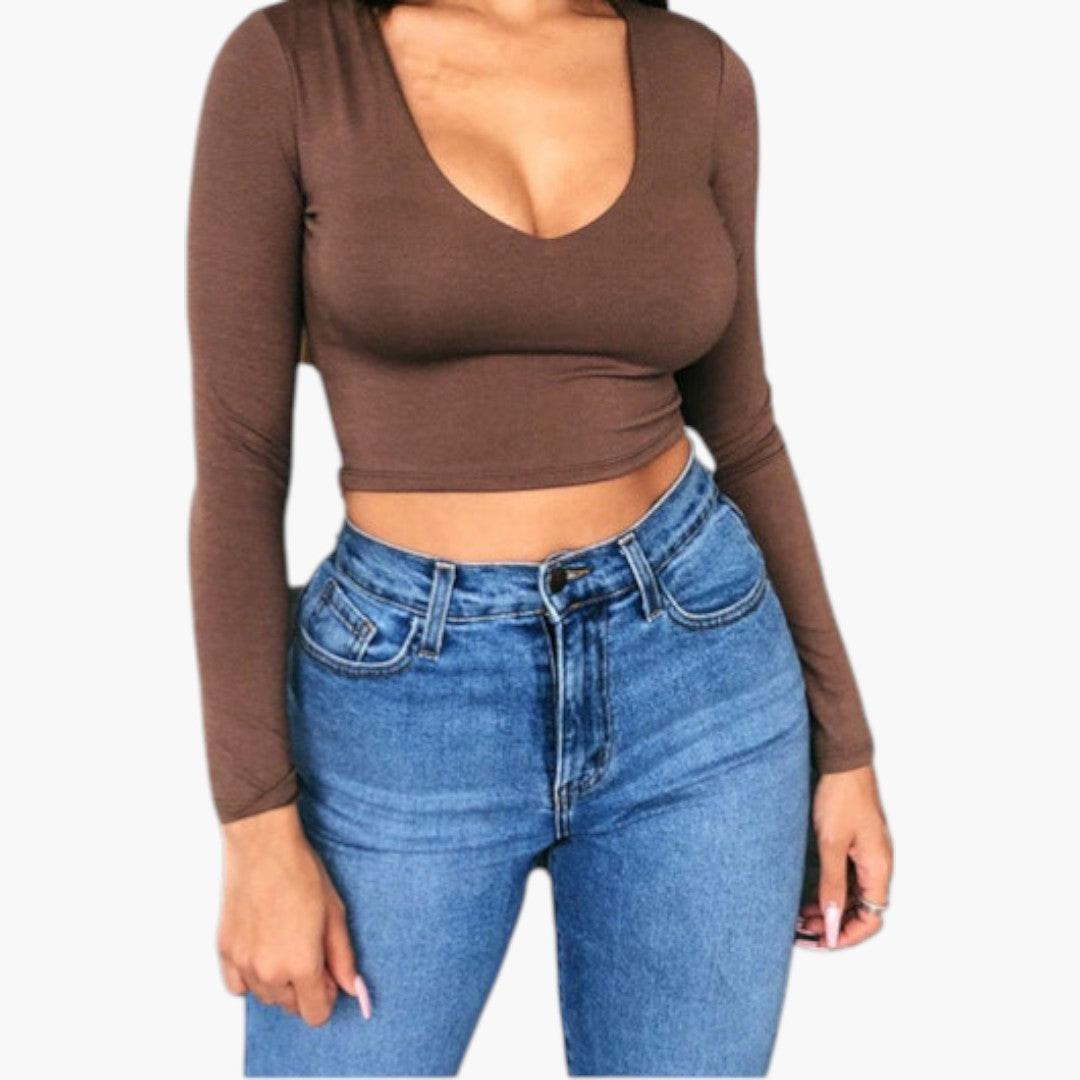 Top curto feminino com decote em V e mangas compridas