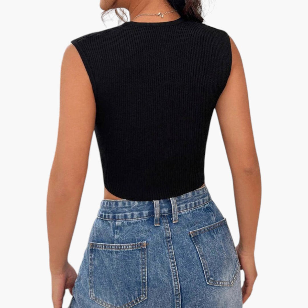Top corto donna con scollo a V e superficie a coste